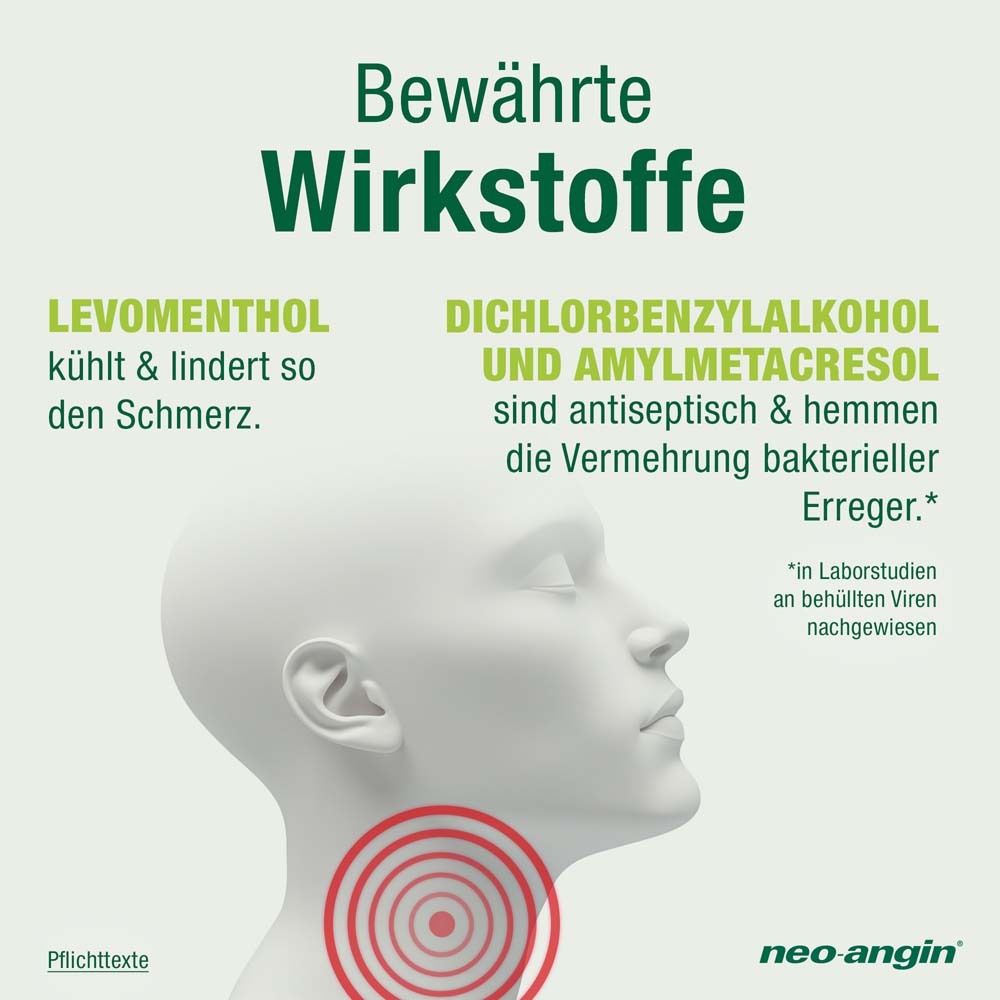 Grafik eines Halses mit rotem Kreis. Text: Bewährte Wirkstoffe. Levomenthol kühlt. Dichlorbenzylalkohol und Amylmetacresol sind antiseptisch.