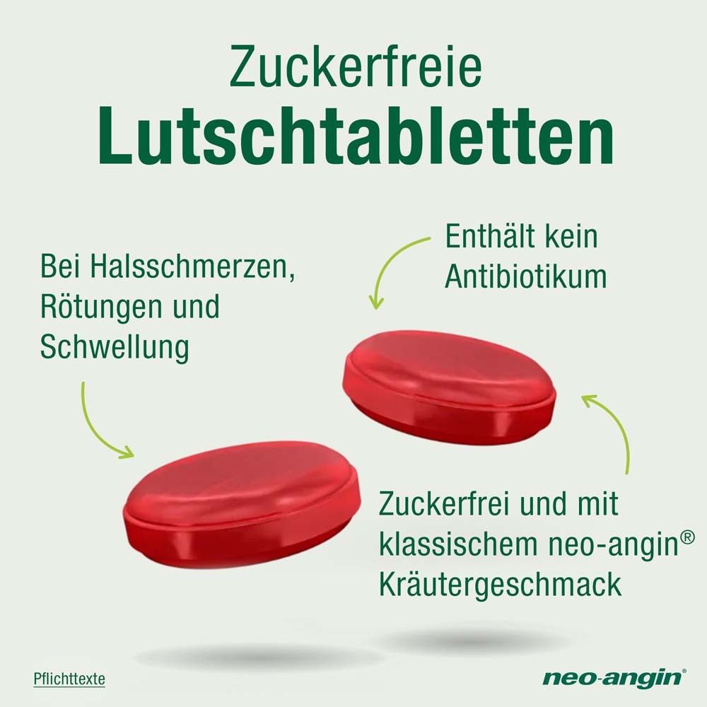 Zwei rote Lutschtabletten. Text: Zuckerfreie Lutschtabletten. Bei Halsschmerzen, Rötungen und Schwellung. Enthält kein Antibiotikum.