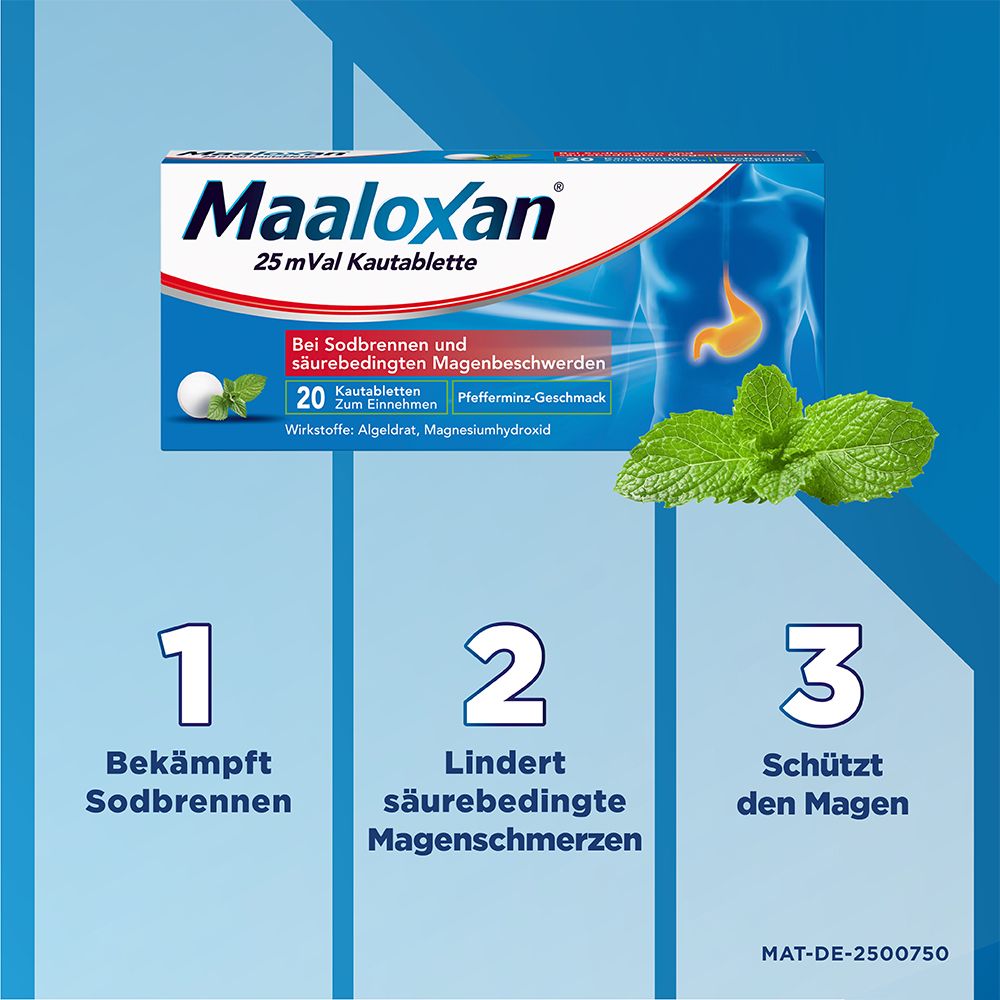 Maaloxan Kautabletten-Packung mit Pfefferminz-Blatt. Text: Bekämpft Sodbrennen, lindert Magenschmerzen, schützt den Magen. Blaue Grafik.