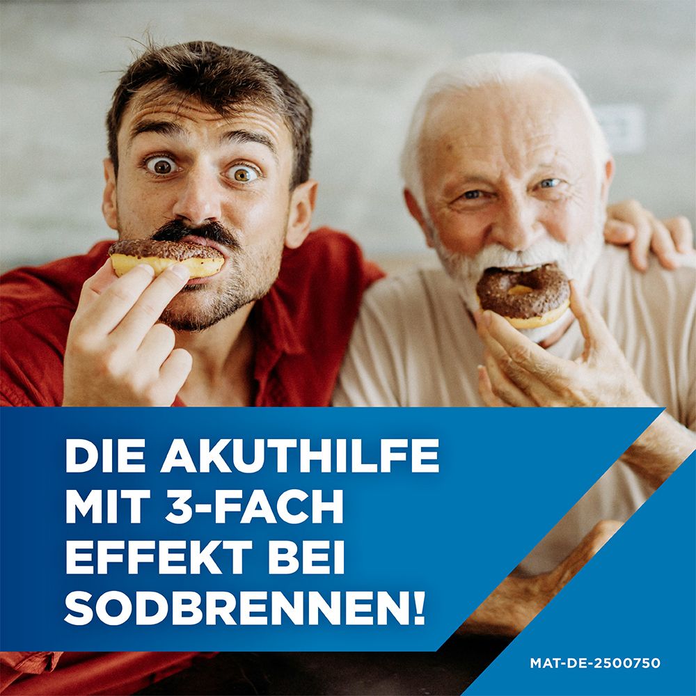 Zwei Männer essen Donuts. Text: Die Akuthilfe mit 3-fach Effekt bei Sodbrennen!