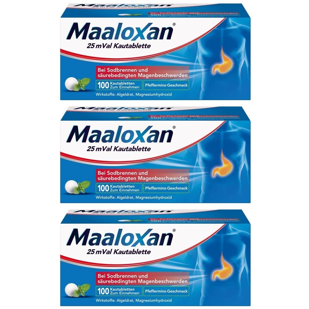 Drei Schachteln Maaloxan Kautabletten. Blaue Verpackung mit weißer Schrift und Abbildung eines Magens. Text: Bei Sodbrennen.