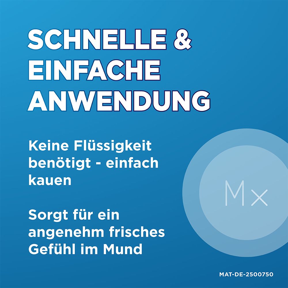 Text: Schnelle & einfache Anwendung. Keine Flüssigkeit benötigt - einfach kauen. Sorgt für ein angenehm frisches Gefühl im Mund.