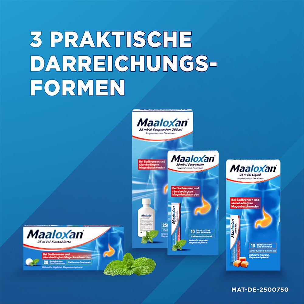 Drei Darreichungsformen von Maaloxan: Kautabletten, Suspension und Liquid. Blaue Verpackung mit weißer Schrift und Abbildung eines Magens.