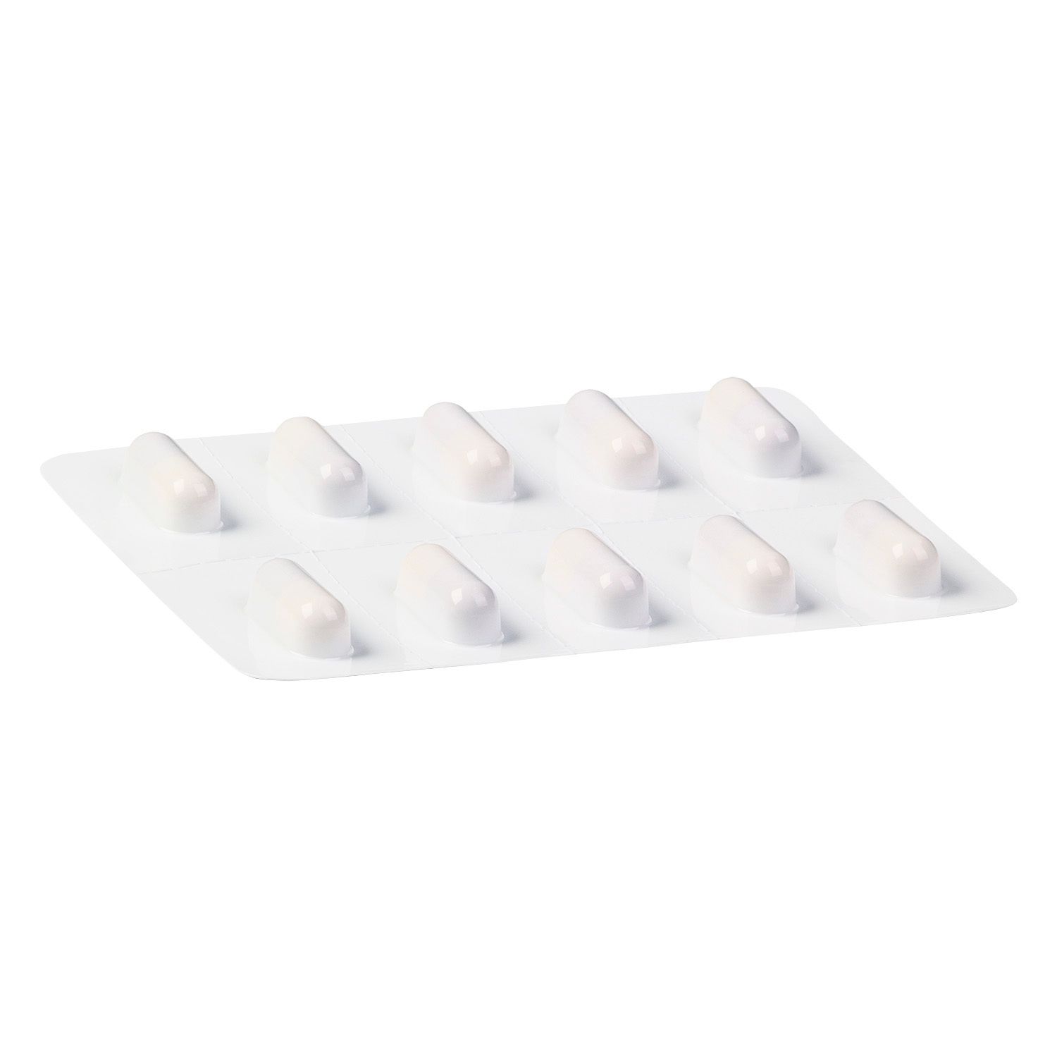 Blisterpackung mit 10 weißen Kapseln. Kapseln in Blisterzellen. Blisterpackung auf weißem Hintergrund.