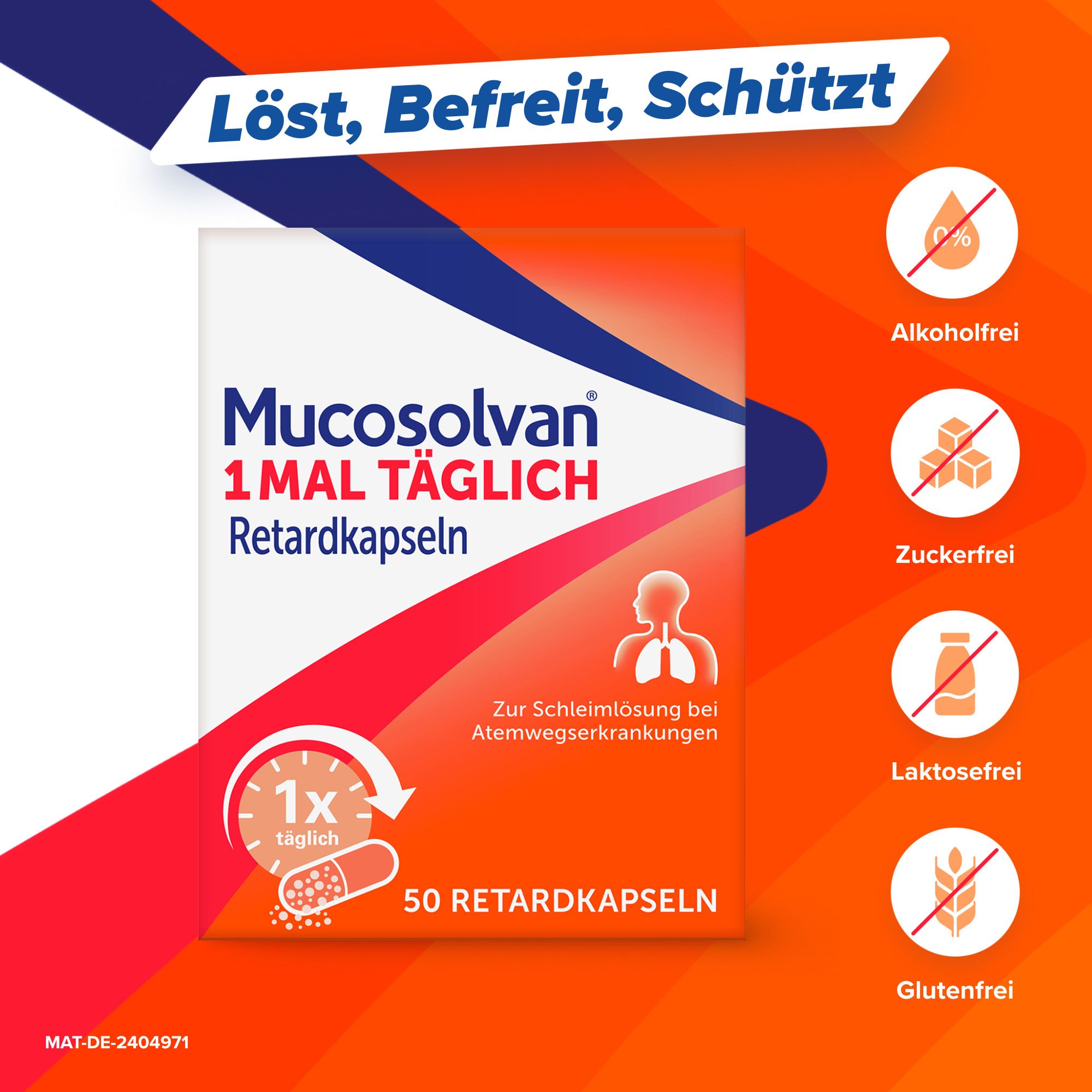 Schachtel Mucosolvan. Text: Löst, Befreit, Schützt. Text: Alkoholfrei, Zuckerfrei, Laktosefrei, Glutenfrei.