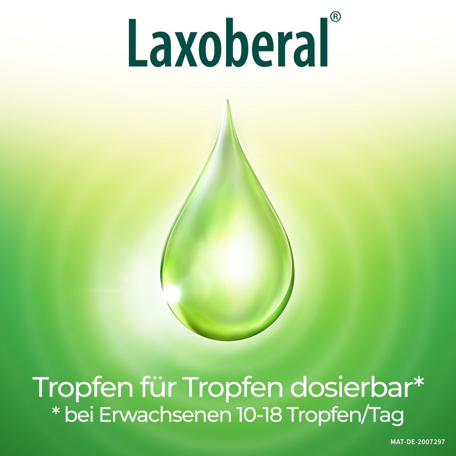 Grüner Tropfen vor grünem Hintergrund. Text: Tropfen für Tropfen dosierbar. Sternchentext: bei Erwachsenen 10-18 Tropfen/Tag.