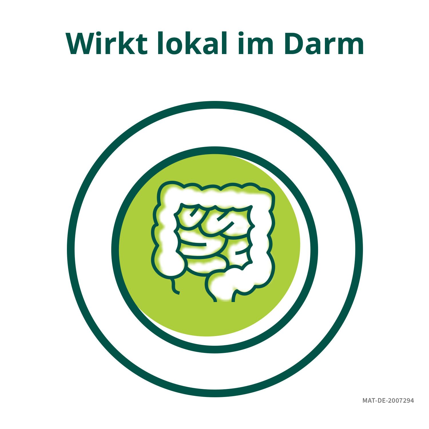 Kreis mit Darm-Symbol. Text: Wirkt lokal im Darm.