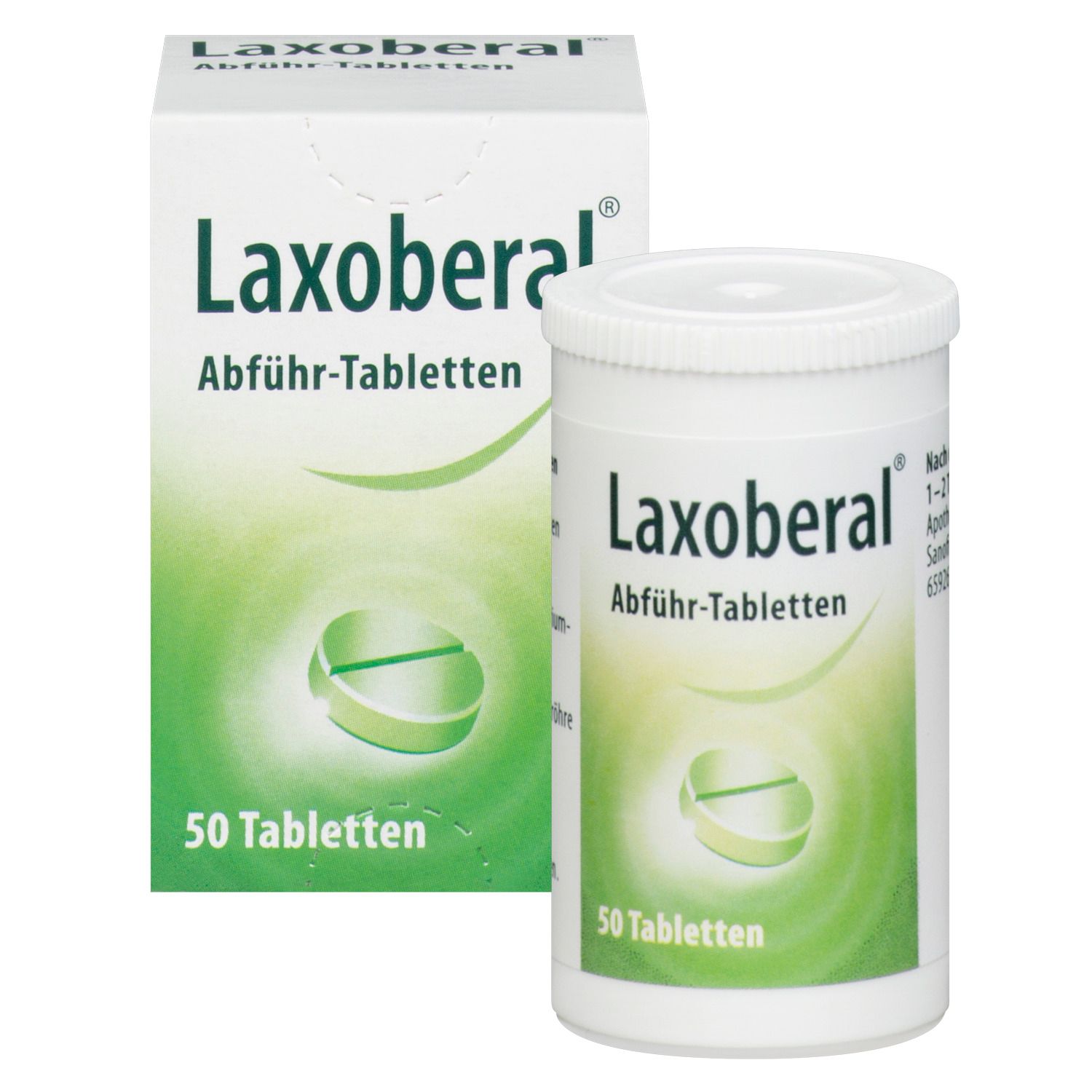 Schachtel und Dose Laxoberal Tabletten. Aufschrift: Laxoberal, Abführ-Tabletten, 50 Tabletten. Grüner Hintergrund.