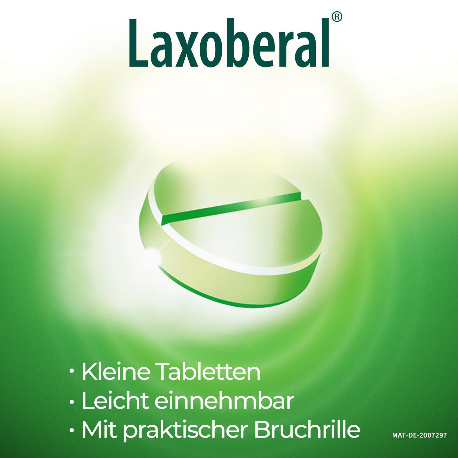 Grafik mit Laxoberal-Tablette. Aufschrift: Laxoberal, Kleine Tabletten, Leicht einnehmbar, Mit praktischer Bruchkerbe. Grün.