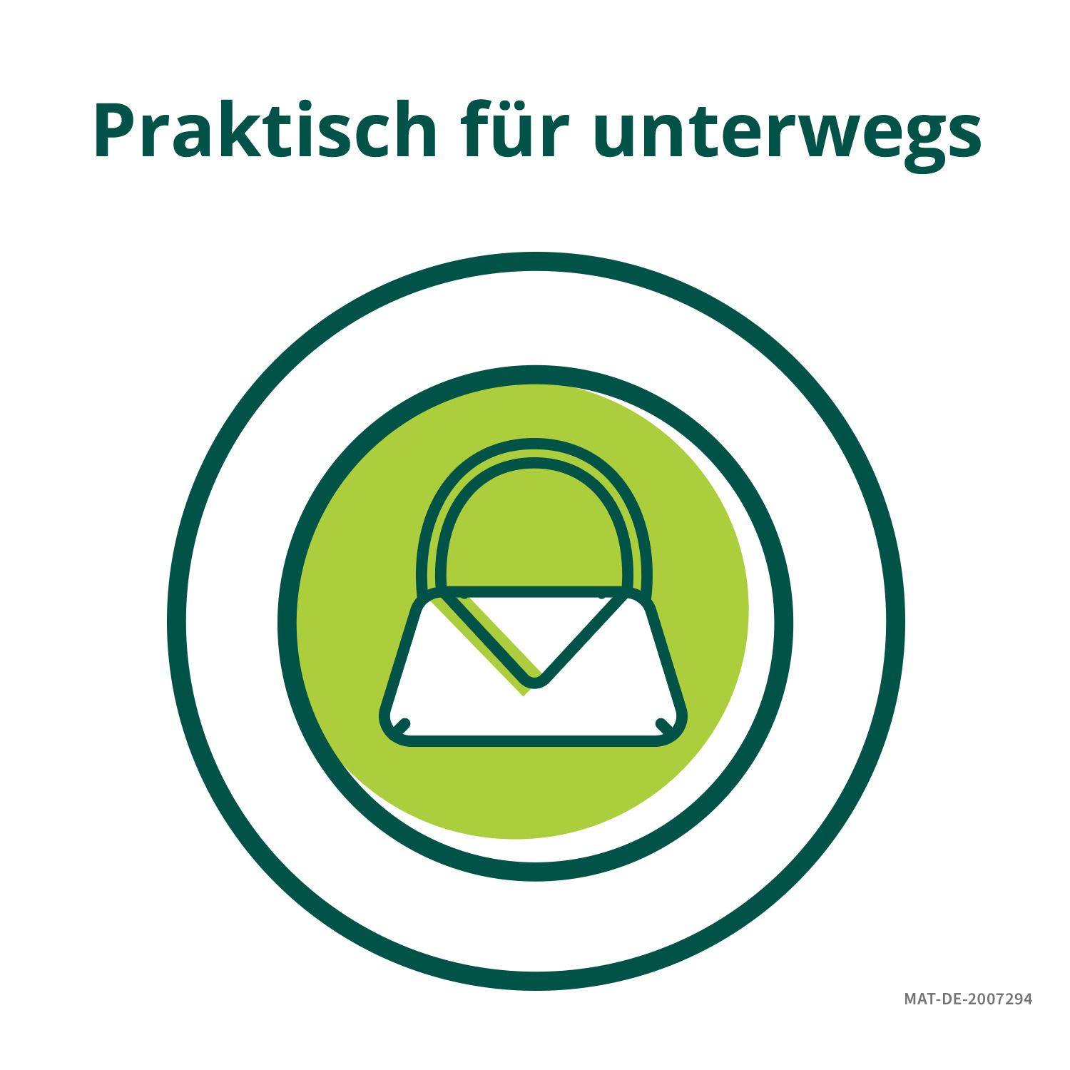 Grafik mit Handtasche. Aufschrift: Praktisch für unterwegs. Grüner Hintergrund.