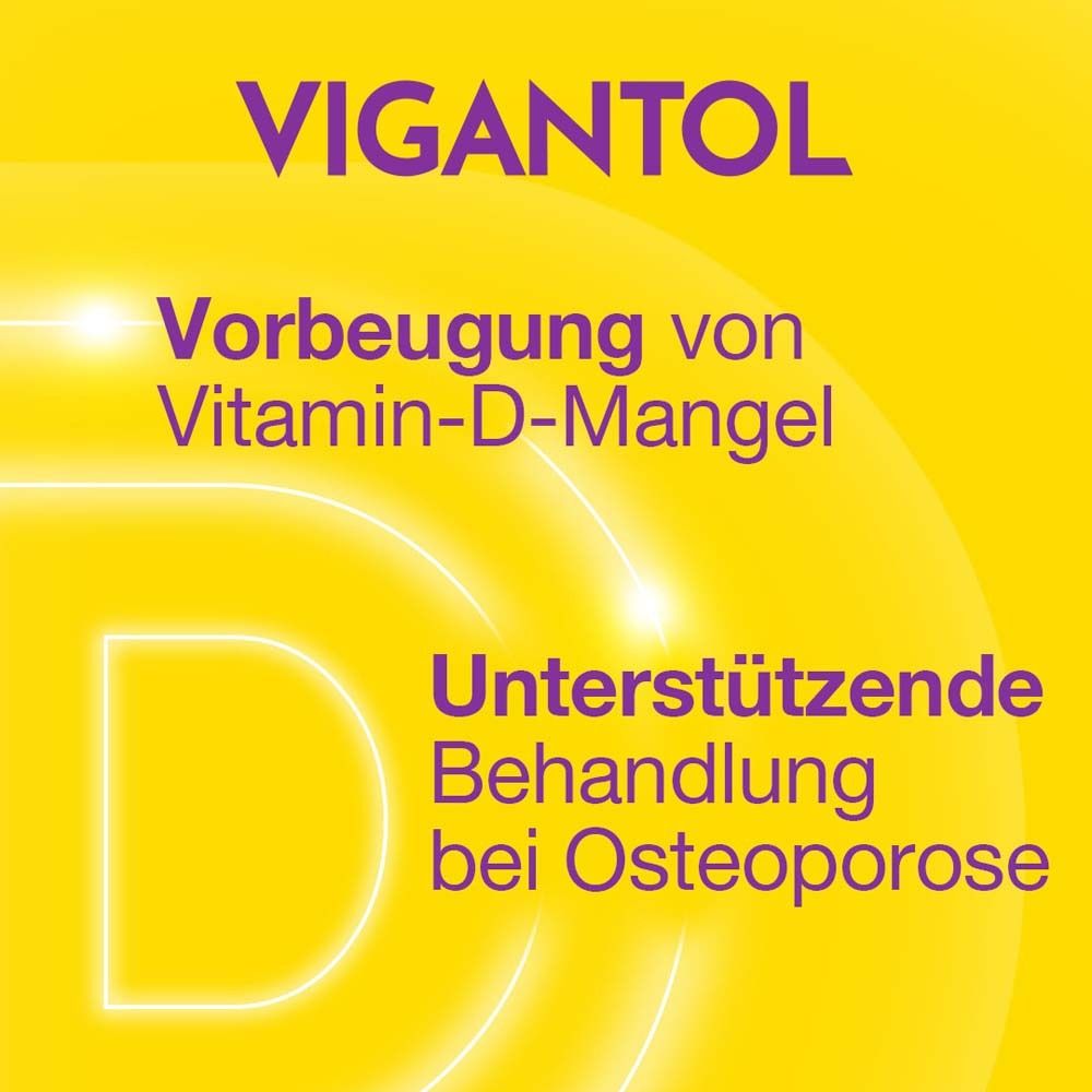 Gelber Hintergrund mit lila Text: VIGANTOL, Vorbeugung von Vitamin-D-Mangel, unterstützende Behandlung bei Osteoporose.