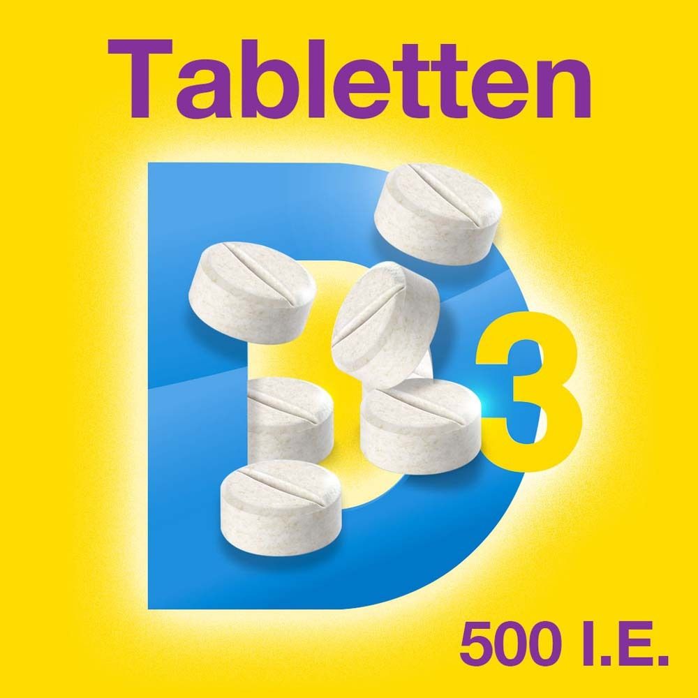 Tabletten auf gelbem Hintergrund. Sechs weiße Tabletten mit Bruchkerbe, umgeben von einer blauen D3-Grafik und der Aufschrift 500 I.E.