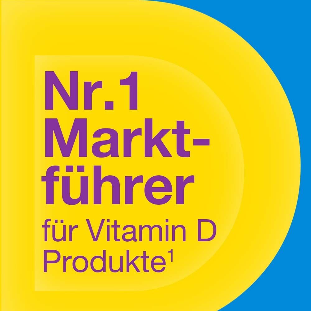 Gelber Hintergrund mit lila Text: Nr. 1 Marktführer für Vitamin D Produkte. Gelbe Grafik mit blauer D.