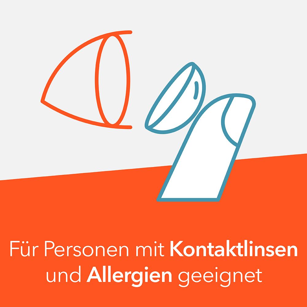Grafik: Auge, Kontaktlinse, Finger. Text: Für Personen mit Kontaktlinsen und Allergien geeignet.