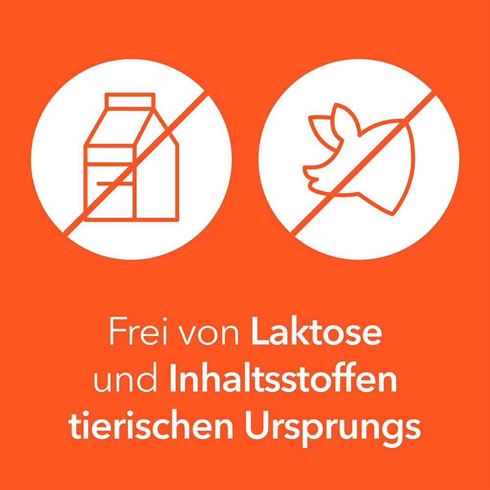 Zwei Kreise mit Symbolen: Keine Laktose, keine tierischen Inhaltsstoffe. Text: Frei von Laktose und tierischen Inhaltsstoffen.