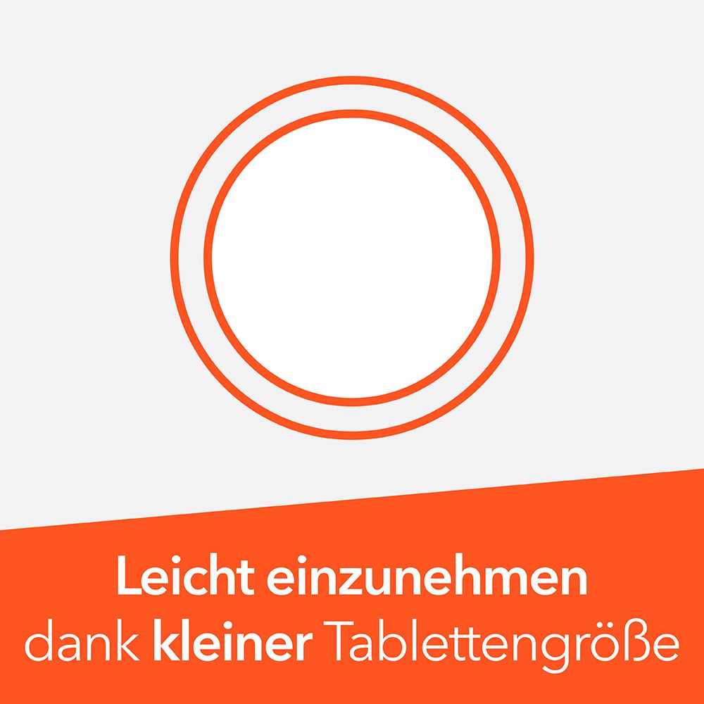 Kreis mit zwei Ringen. Text: Leicht einzunehmen dank kleiner Tablettengröße.