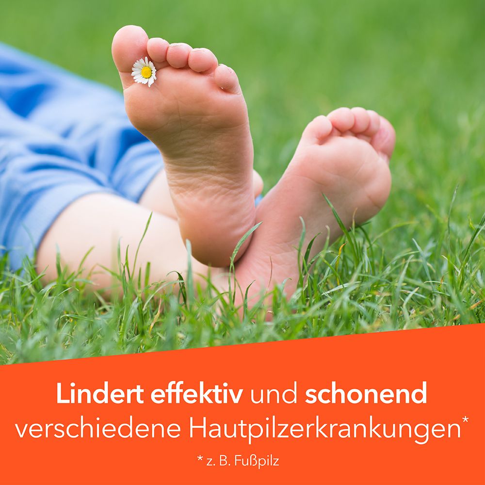 Füße eines Kindes im Gras mit einer Gänseblümchenblüte auf der Zehe.