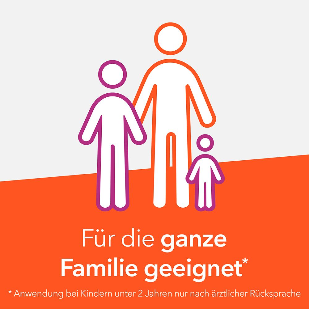 Stilisierte Darstellung einer Familie: zwei Erwachsene und ein Kind.