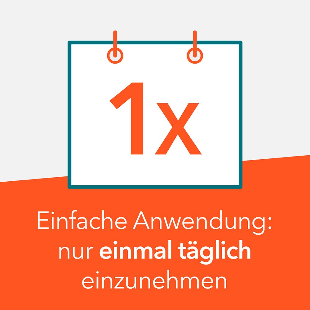 Kalender mit der Zahl 1. Text: Einfache Anwendung: nur einmal täglich einzunehmen.