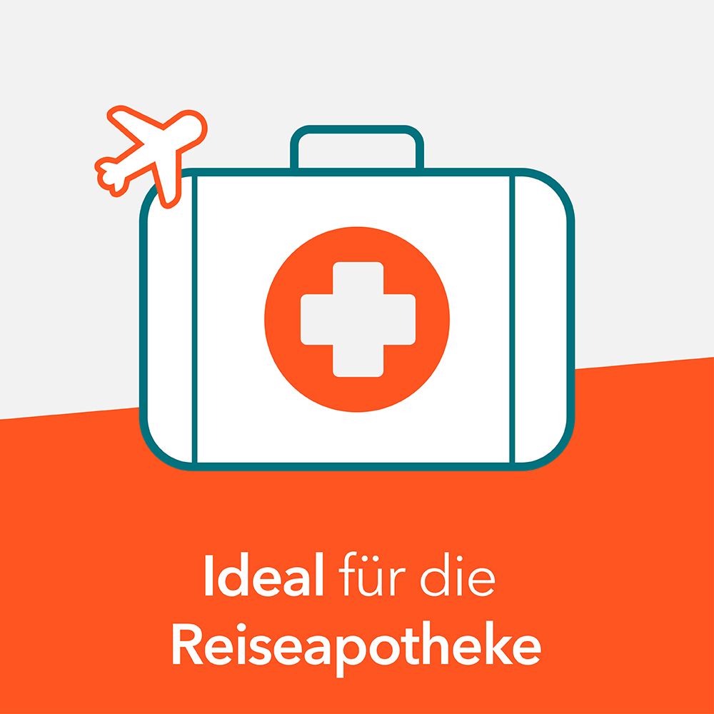 Grafik: Illustration eines Koffers mit rotem Kreuz und Flugzeug. Text: Ideal für die Reiseapotheke.