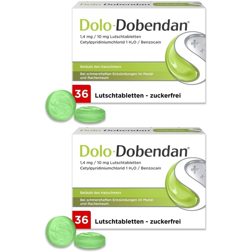 Zwei Schachteln Dolo-Dobendan Halstabletten. Jede Schachtel zeigt 36 zuckerfreie Lutschtabletten. Grüne Tabletten liegen vor den Schachteln.