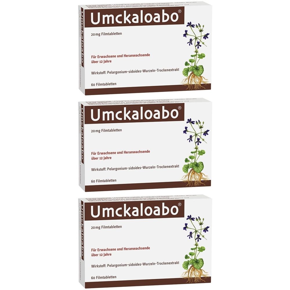 Drei Schachteln Umckaloabo® Filmtabletten. Aufschrift: 20 mg, für Erwachsene und Heranwachsende über 12 Jahre. Mit Pflanzenabbildung.