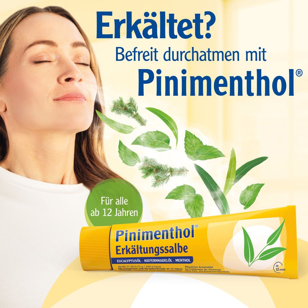 Frau atmet ein, umgeben von Kräutern. Produktname und Produktverpackung unten. Text: Für alle ab 12 Jahren.