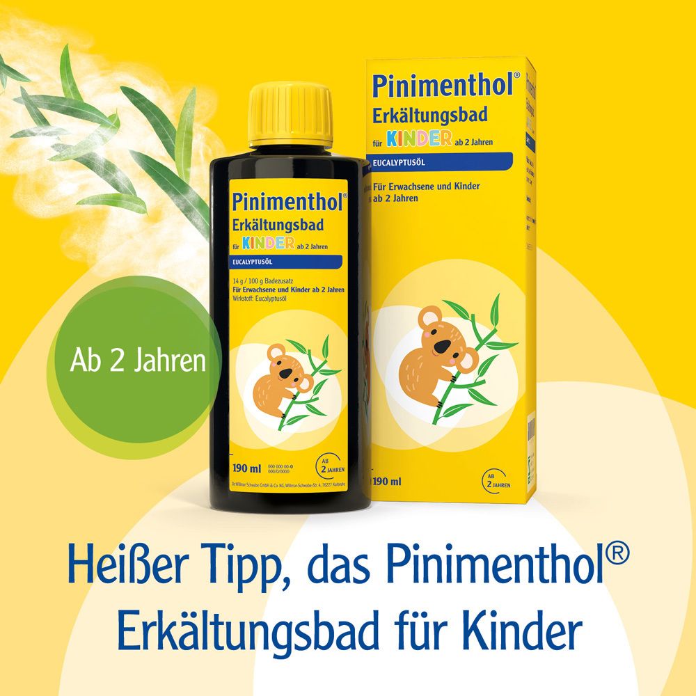 Flasche und Packung Erkältungsbad für Kinder. Text: Ab 2 Jahren. Koala-Illustration. Heißer Tipp.