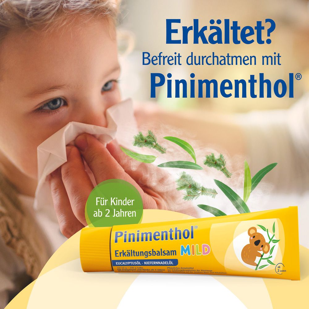 Kind mit Taschentuch. Pinimenthol Erkältungsbalsam mild Tube. Gelbe Verpackung, Koala-Illustration.