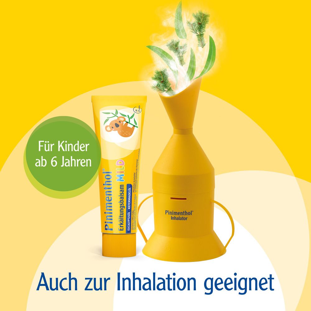 Pinimenthol Erkältungsbalsam mild Tube neben Inhalator. Gelbe Verpackung, Koala-Illustration. Text: Auch zur Inhalation geeignet.