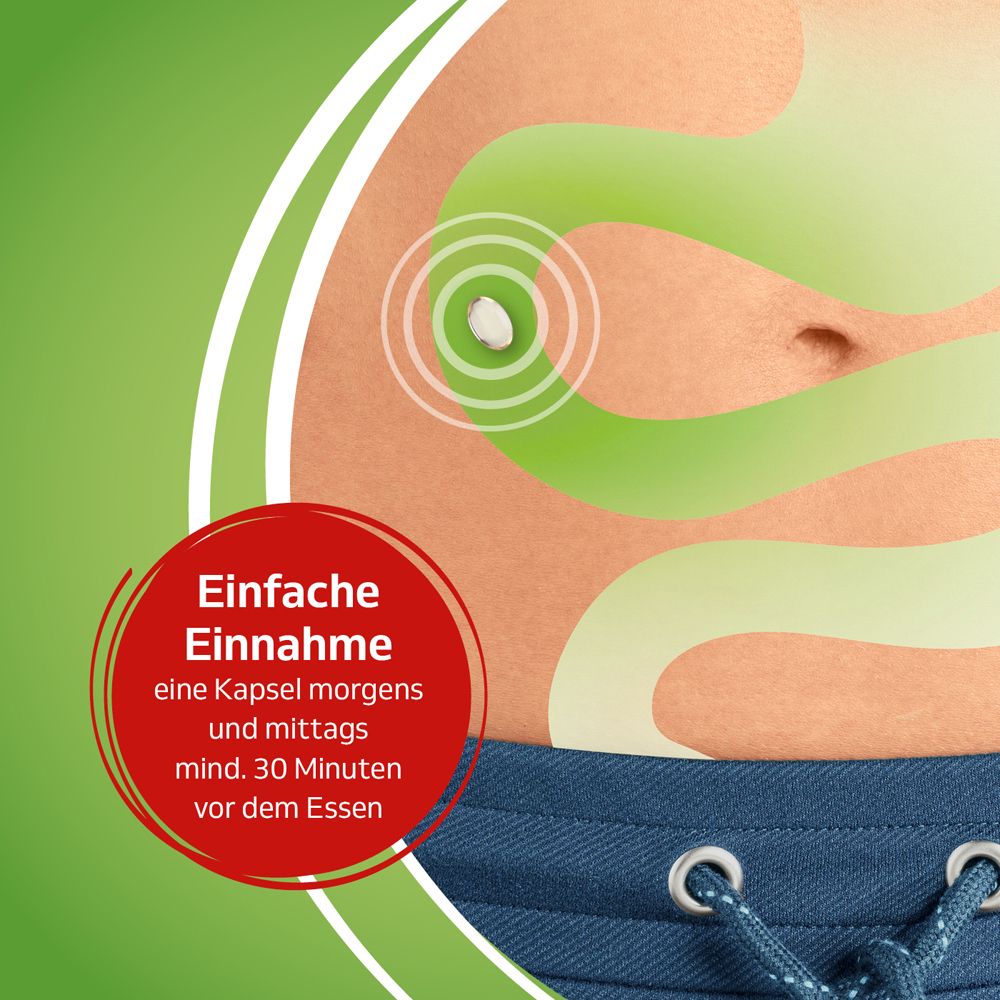 Bauch mit einer Kapsel. Eine Kapsel morgens und mittags. Roter Kreis mit Text: Einfache Einnahme.