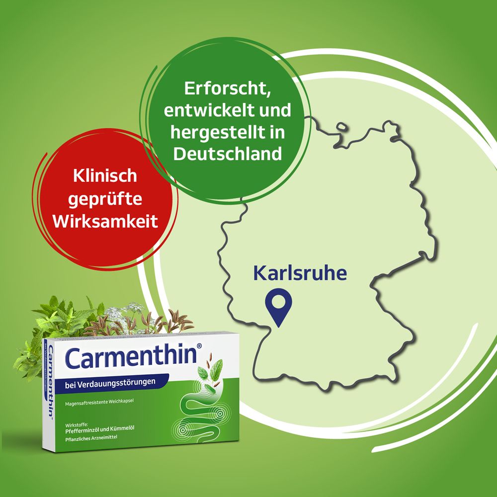 Deutschlandkarte mit Karlsruhe. Carmenthin®-Packung. Text: Erforscht, entwickelt und hergestellt in Deutschland.