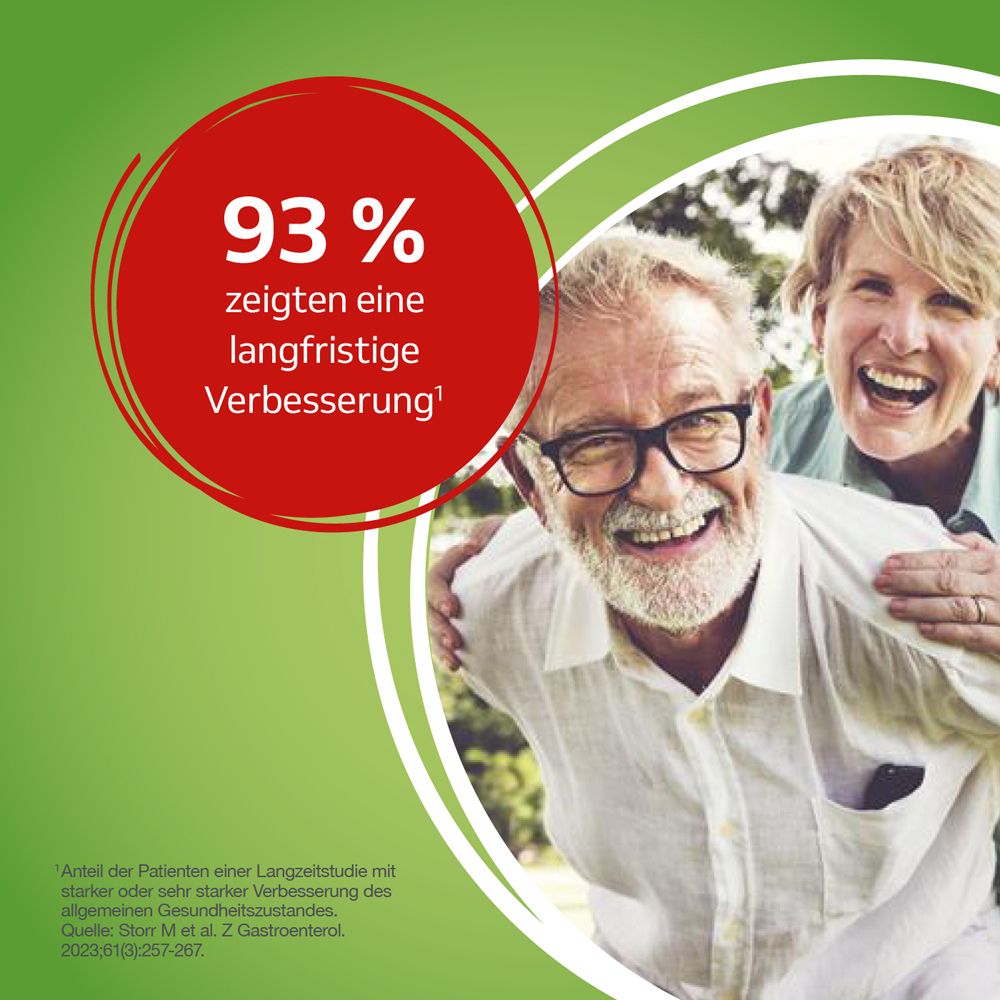 Älteres Ehepaar lacht. Roter Kreis mit Text: 93% zeigten eine langfristige Verbesserung.