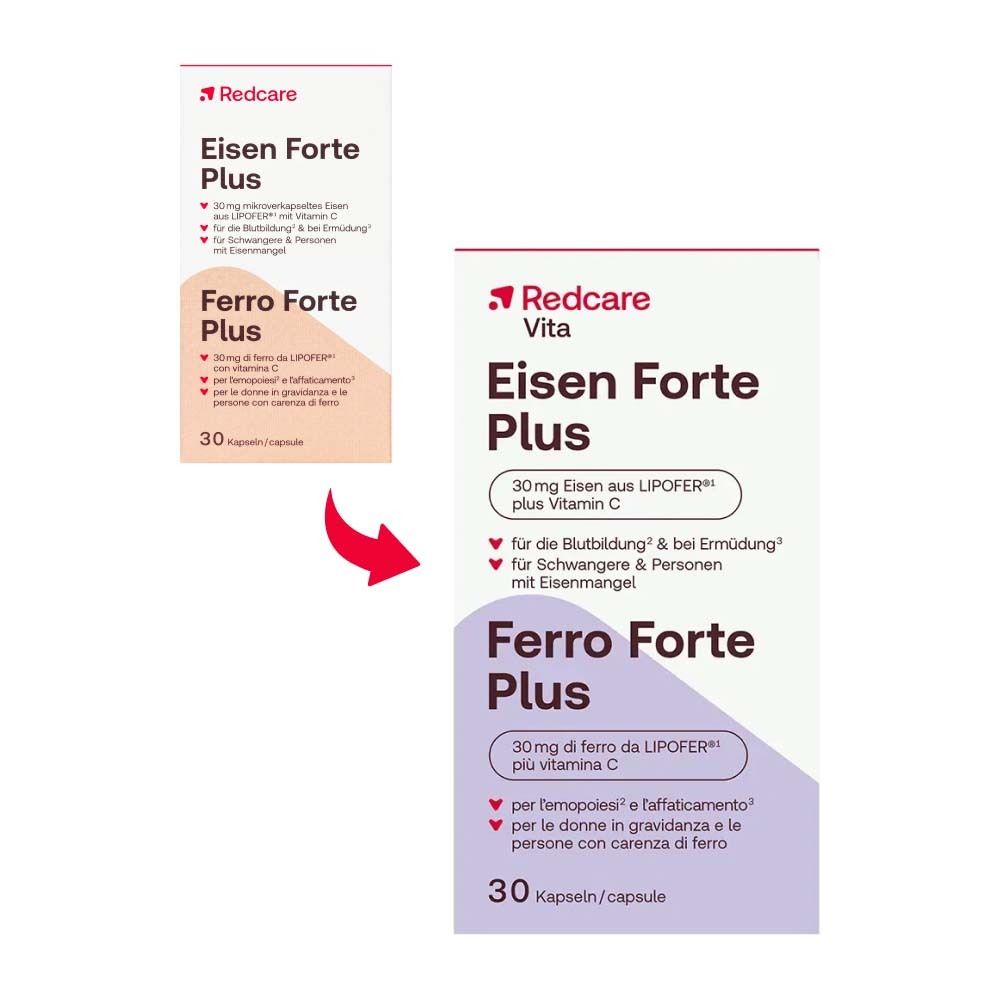 Vergrößerte Abbildung der Verpackung von Redcare Eisen Forte Plus. Aufschrift: 30mg Eisen aus LIPFER® plus Vitamin C. 30 Kapseln.