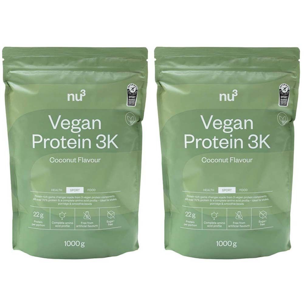 Zwei Beutel nu3 Vegan Protein 3K Kokosnuss. Grüne Verpackung mit weißer Schrift. 1000g. Vegan, Sport, Gesundheit.