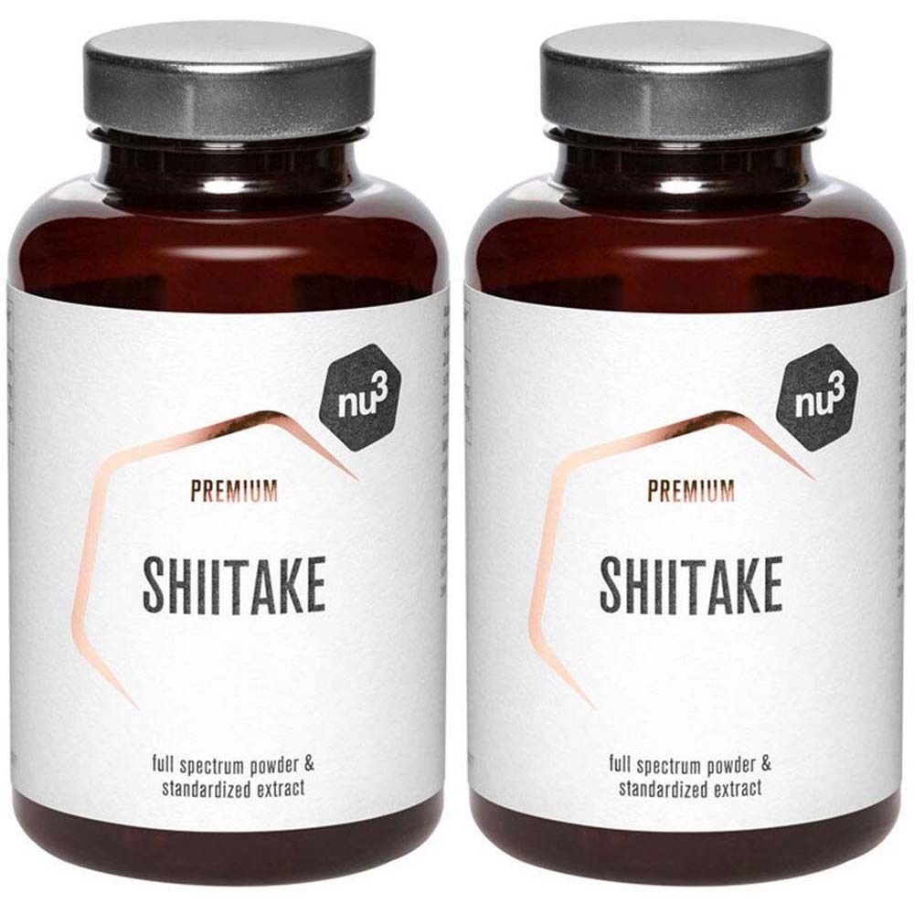 Zwei braune Flaschen mit silbernen Deckeln. Auf den Etiketten steht "SHIITAKE" und "nu3".