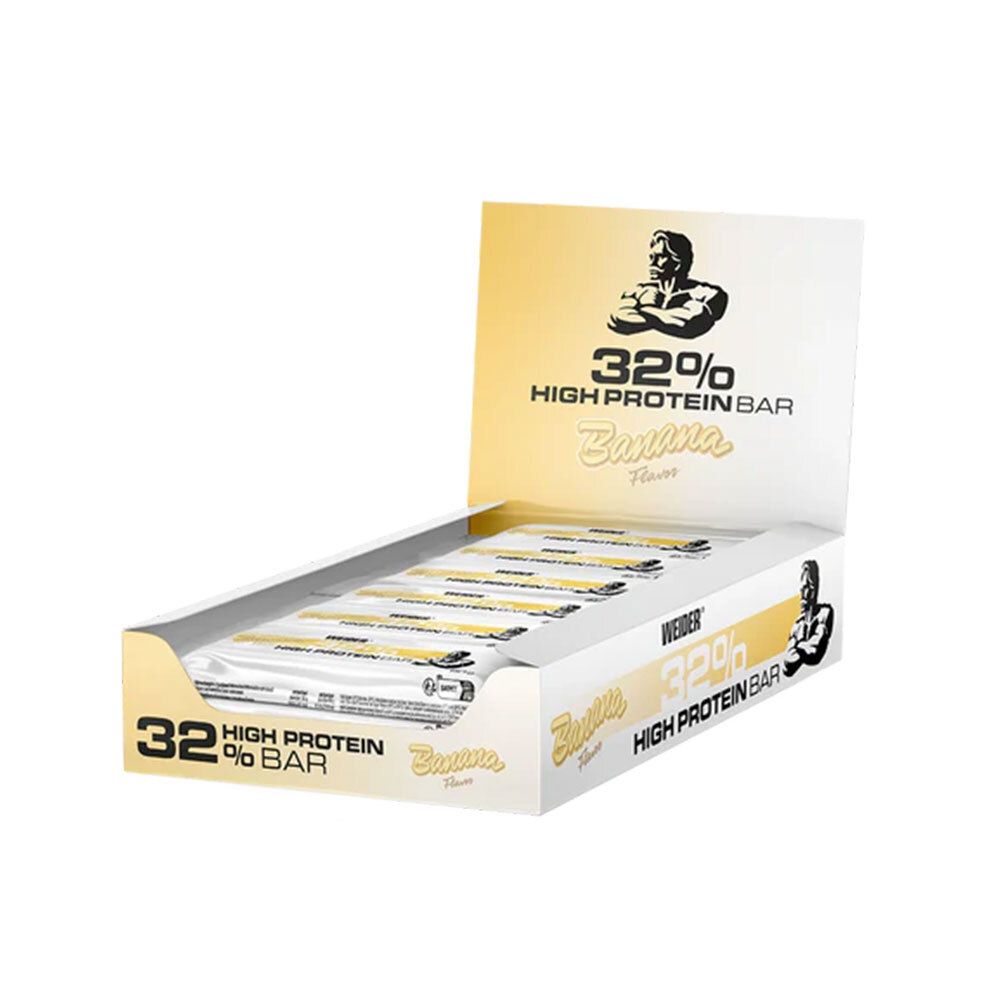 Weider 32% High Protein Bar Banana. Displaybox mit Riegeln. Weiß und gelb. Logo und Produktbezeichnung.