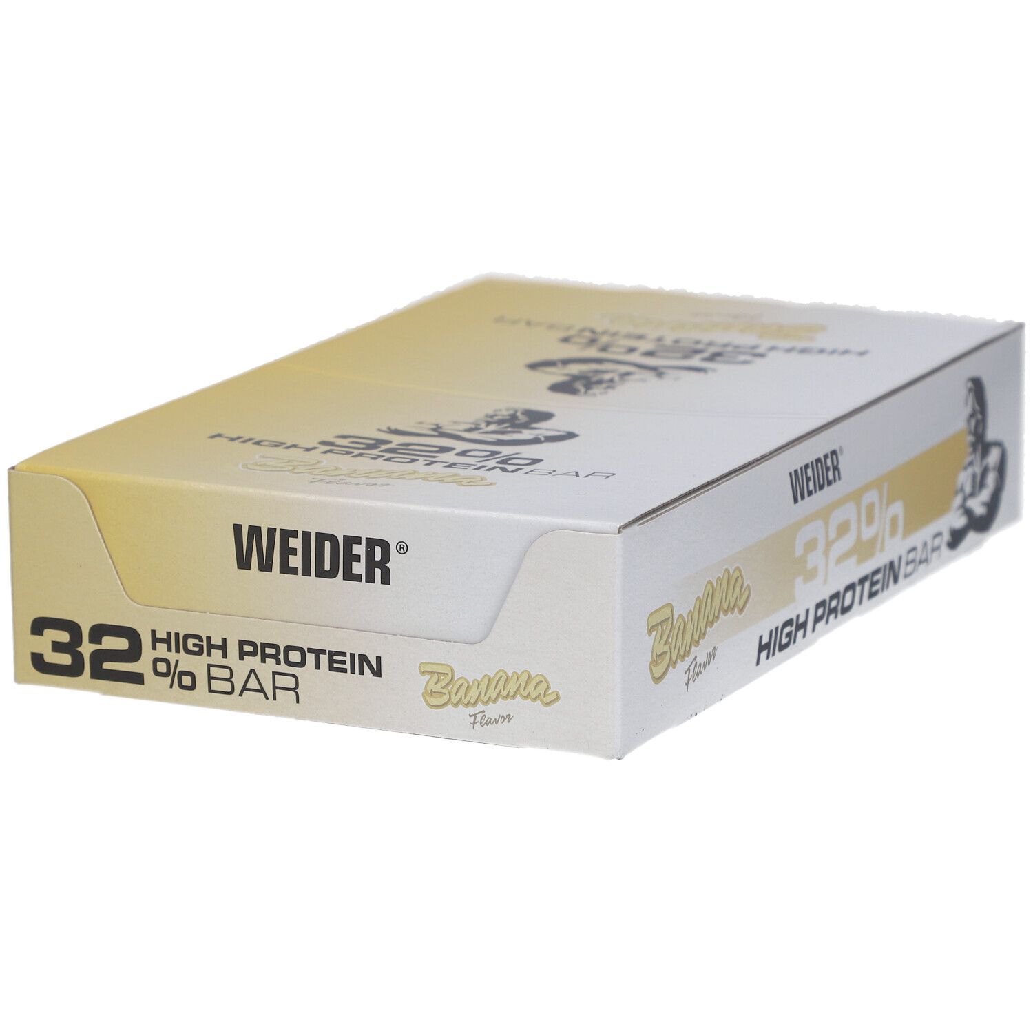 Weider 32% High Protein Bar Banana. Geschlossene Box. Weiß und gelb. Logo und Produktbezeichnung.