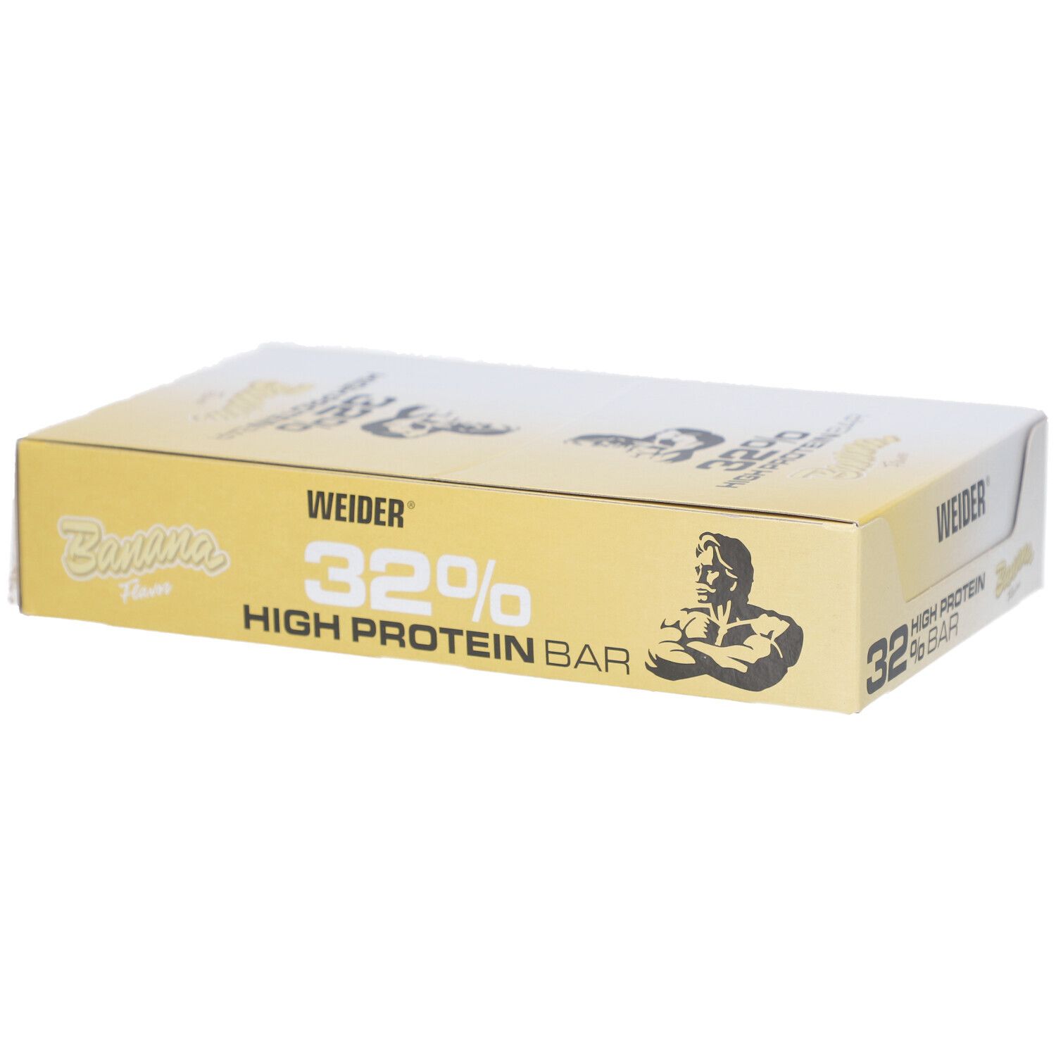 Weider 32% High Protein Bar Banana. Geschlossene Box. Weiß und gelb. Logo und Produktbezeichnung.
