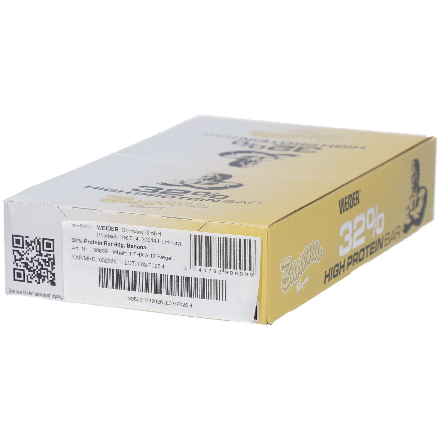 Weider 32% High Protein Bar Banana. Geschlossene Box. Weiß und gelb. Logo und Produktbezeichnung.
