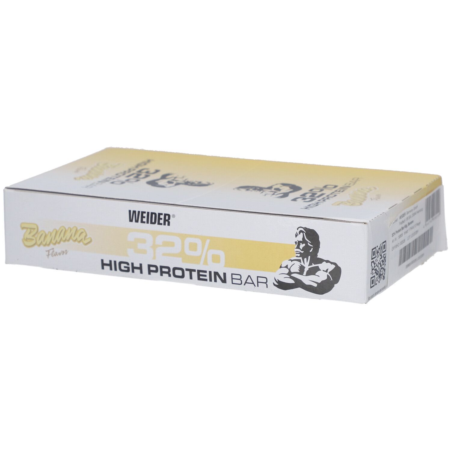 Weider 32% High Protein Bar Banana. Geschlossene Box. Weiß und gelb. Logo und Produktbezeichnung.