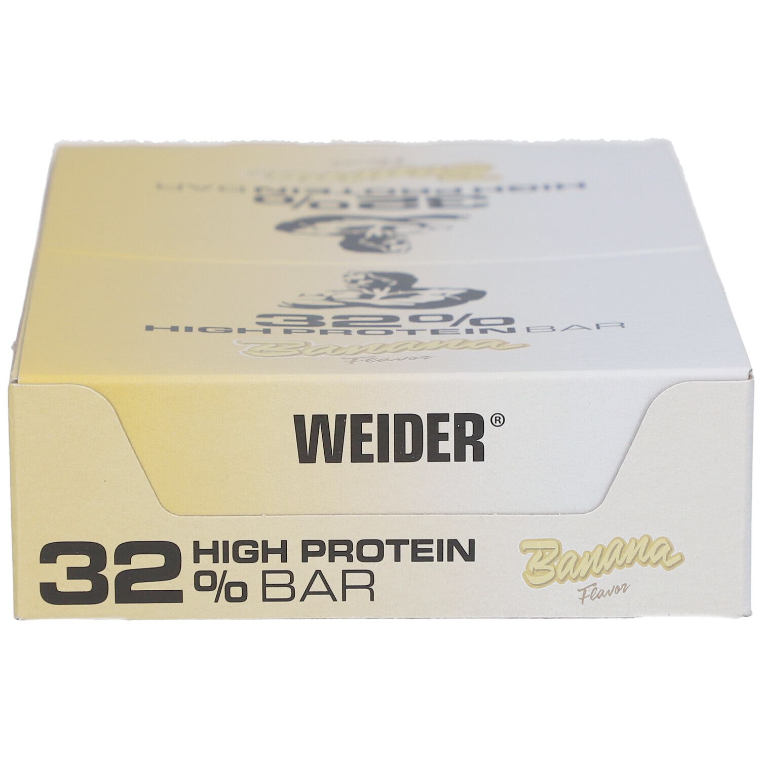 Weider 32% High Protein Bar Banana. Geschlossene Box. Weiß und gelb. Logo und Produktbezeichnung.