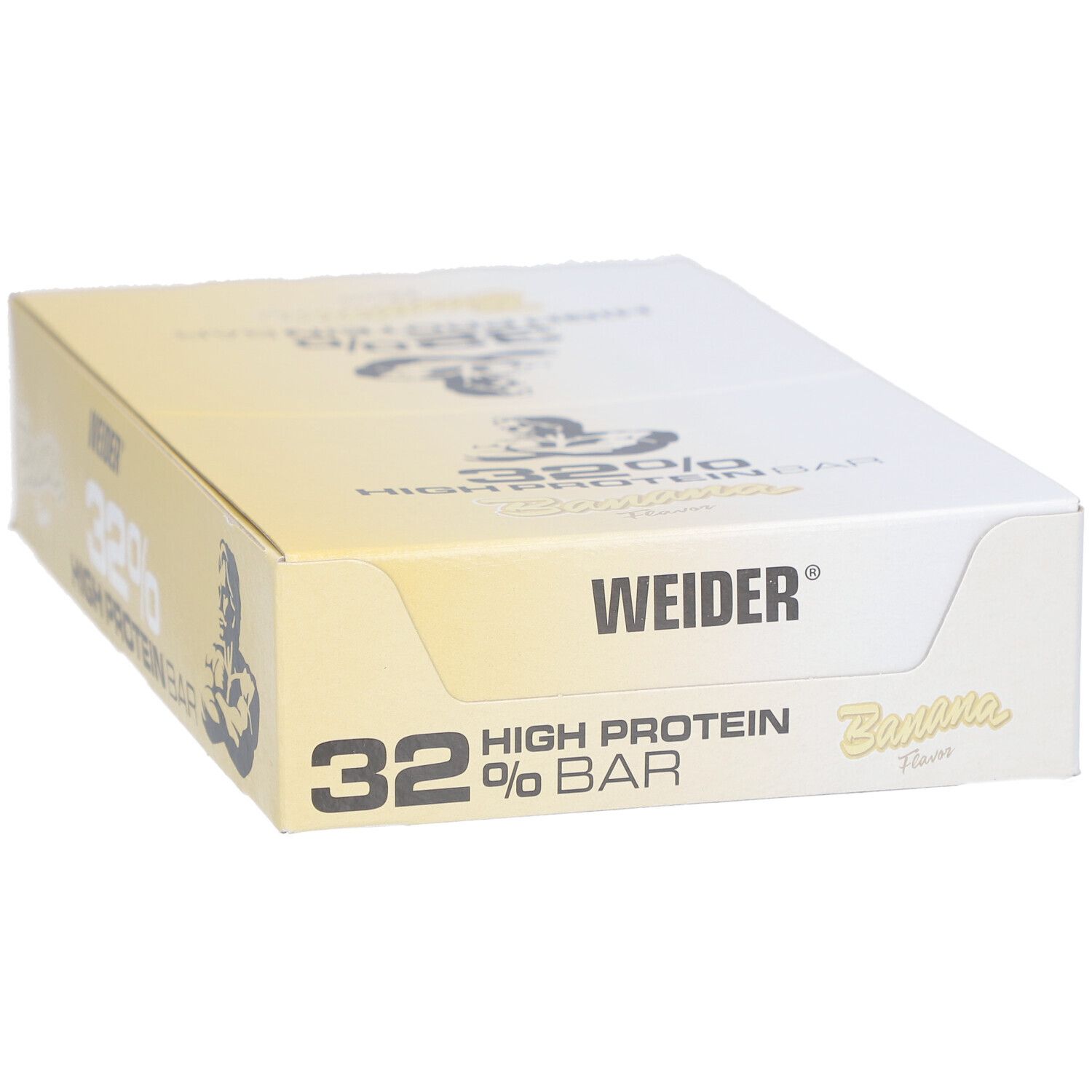 Weider 32% High Protein Bar Banana. Geschlossene Box. Weiß und gelb. Logo und Produktbezeichnung.
