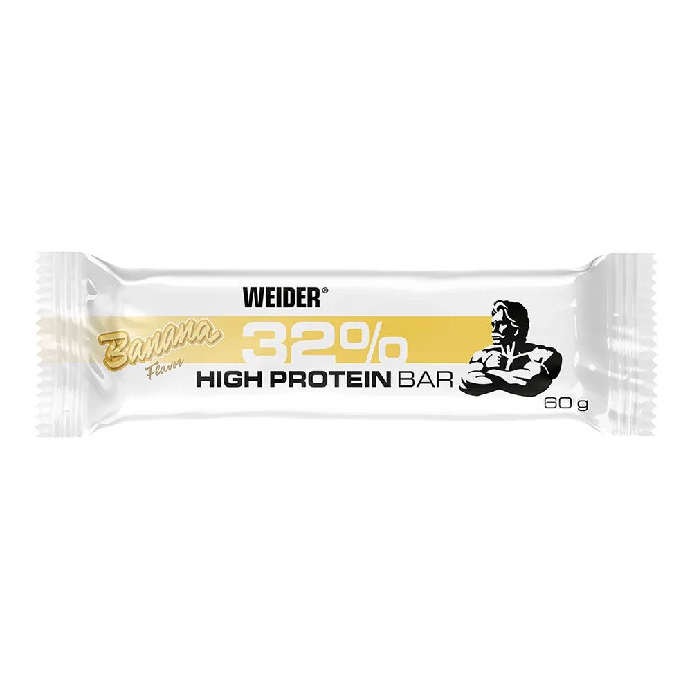 Weider 32% High Protein Bar Banana. Einzelne Riegel in Folie. Gelb und weiß. Logo und Produktbezeichnung.