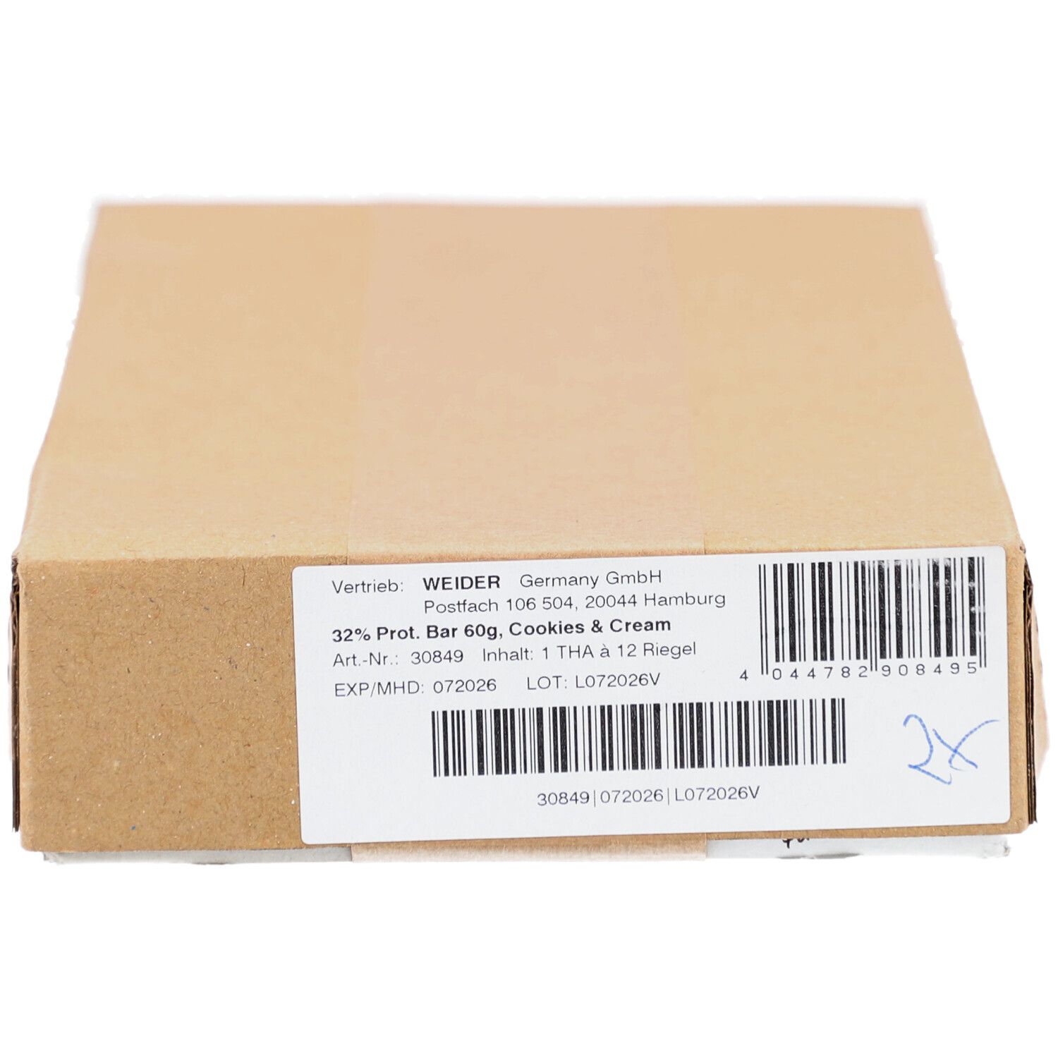 Kartonverpackung. Aufkleber mit Produktinformationen. Aufschrift: 32% Prot. Bar 60g, Cookies & Cream. Barcode.