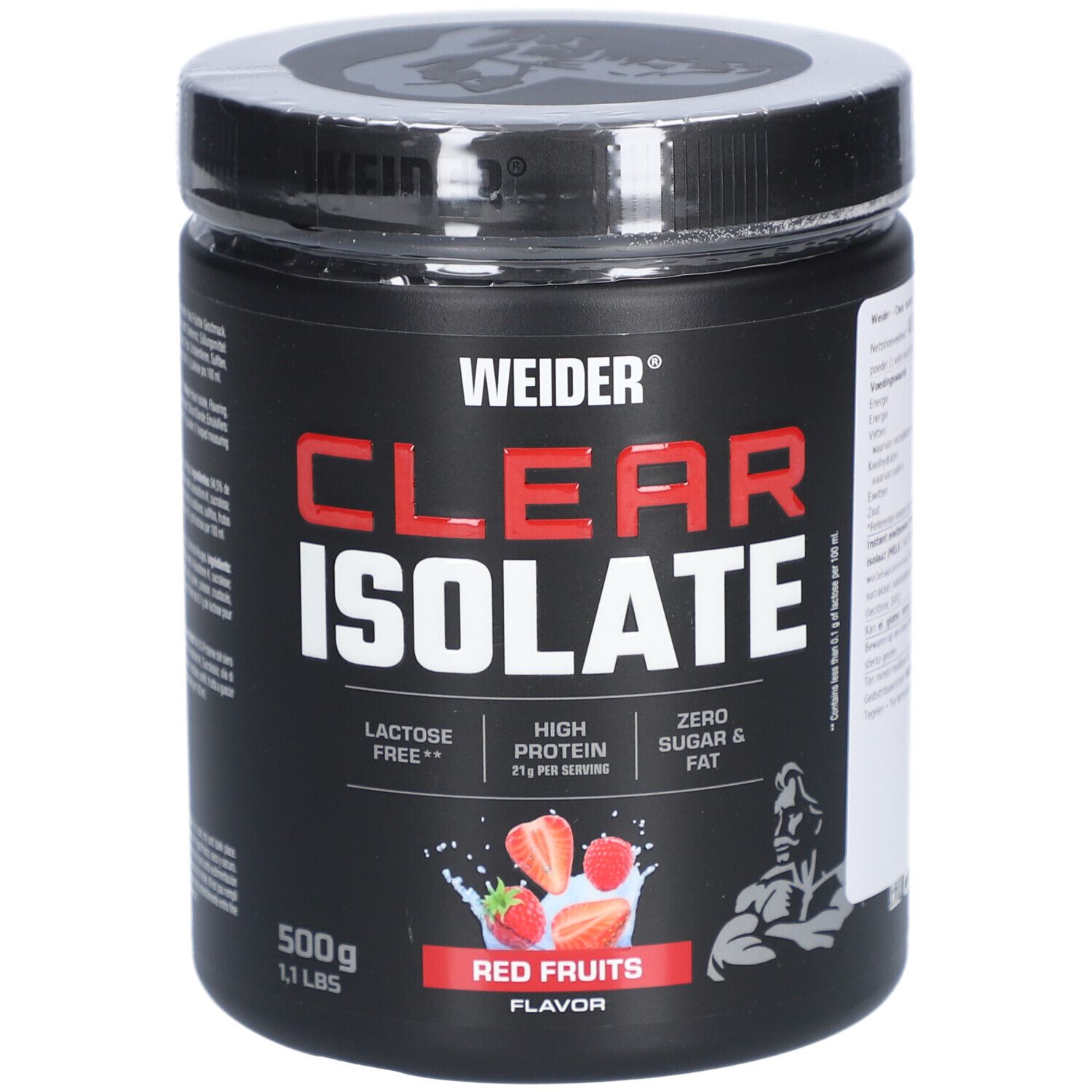 Schwarze Dose mit "WEIDER CLEAR ISOLATE". Rote Früchte Geschmack. 500g. Enthält 21g Protein pro Portion. Laktosefrei, zucker- und fettfrei.