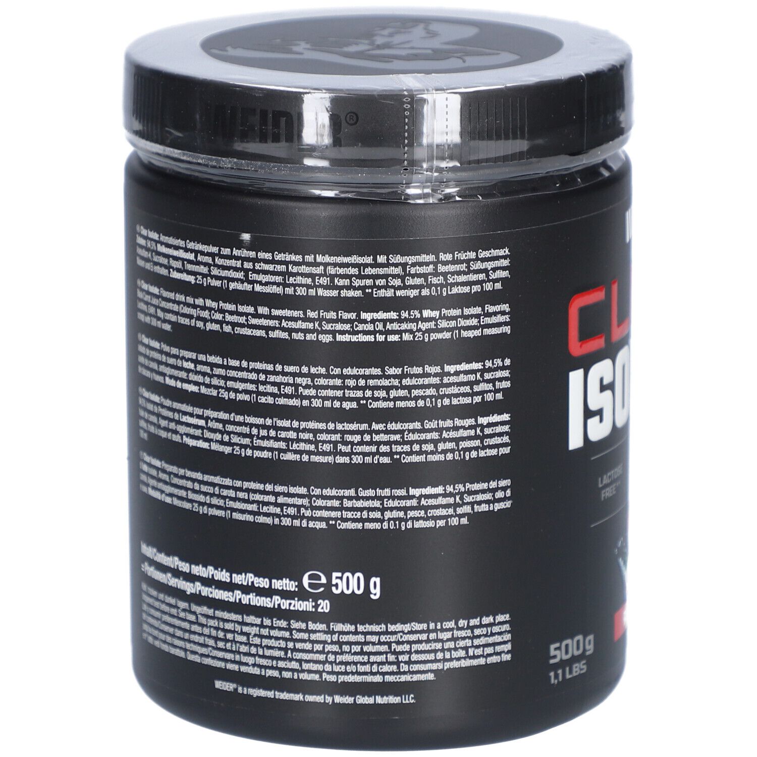Rückseite der schwarzen Dose. Text mit Inhaltsstoffen und Nährwertangaben. 500g. 1.1 lbs. Marke WEIDER.