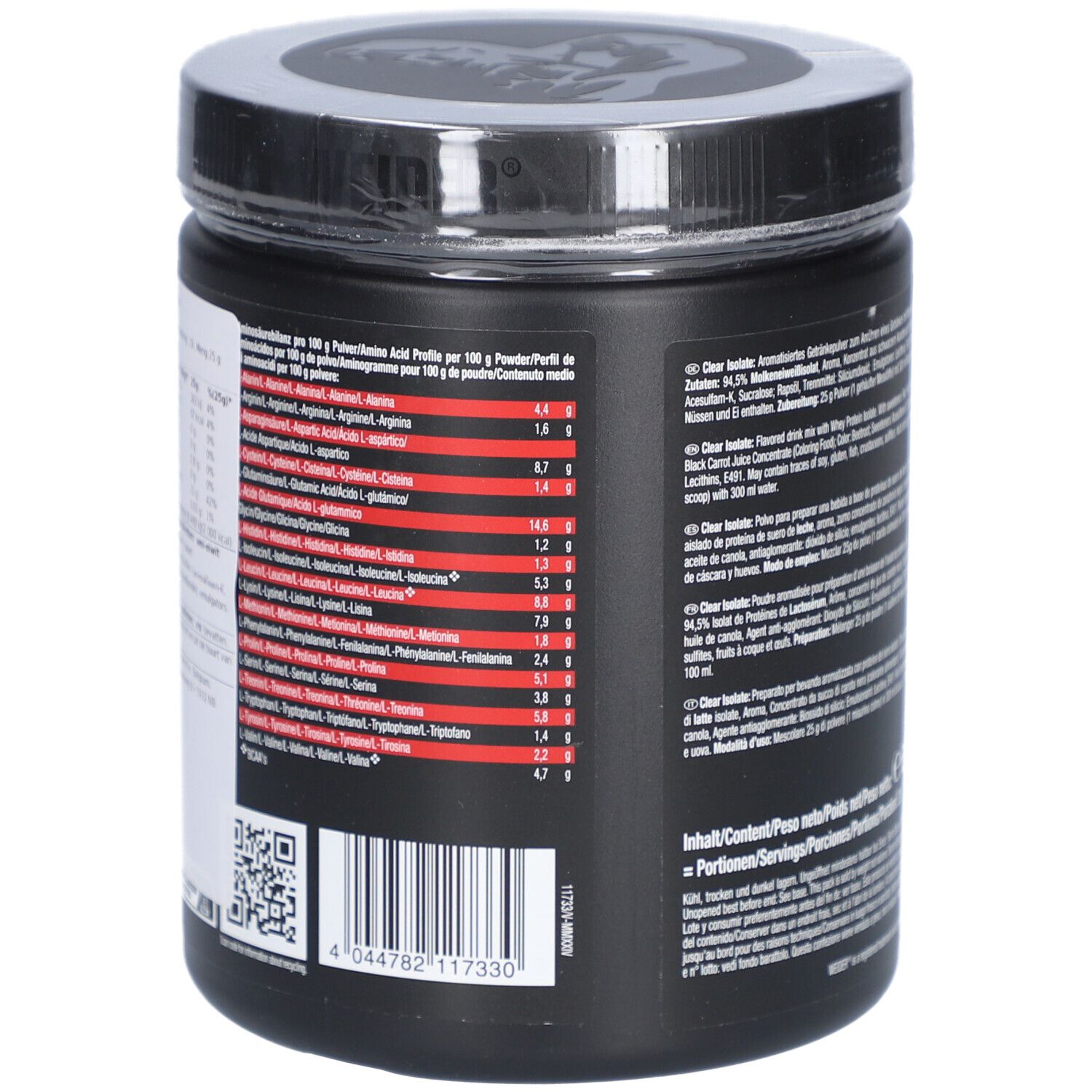 Rückseite der schwarzen Dose. Nährwerttabelle mit Aminosäurenprofil. QR-Code. Marke WEIDER.