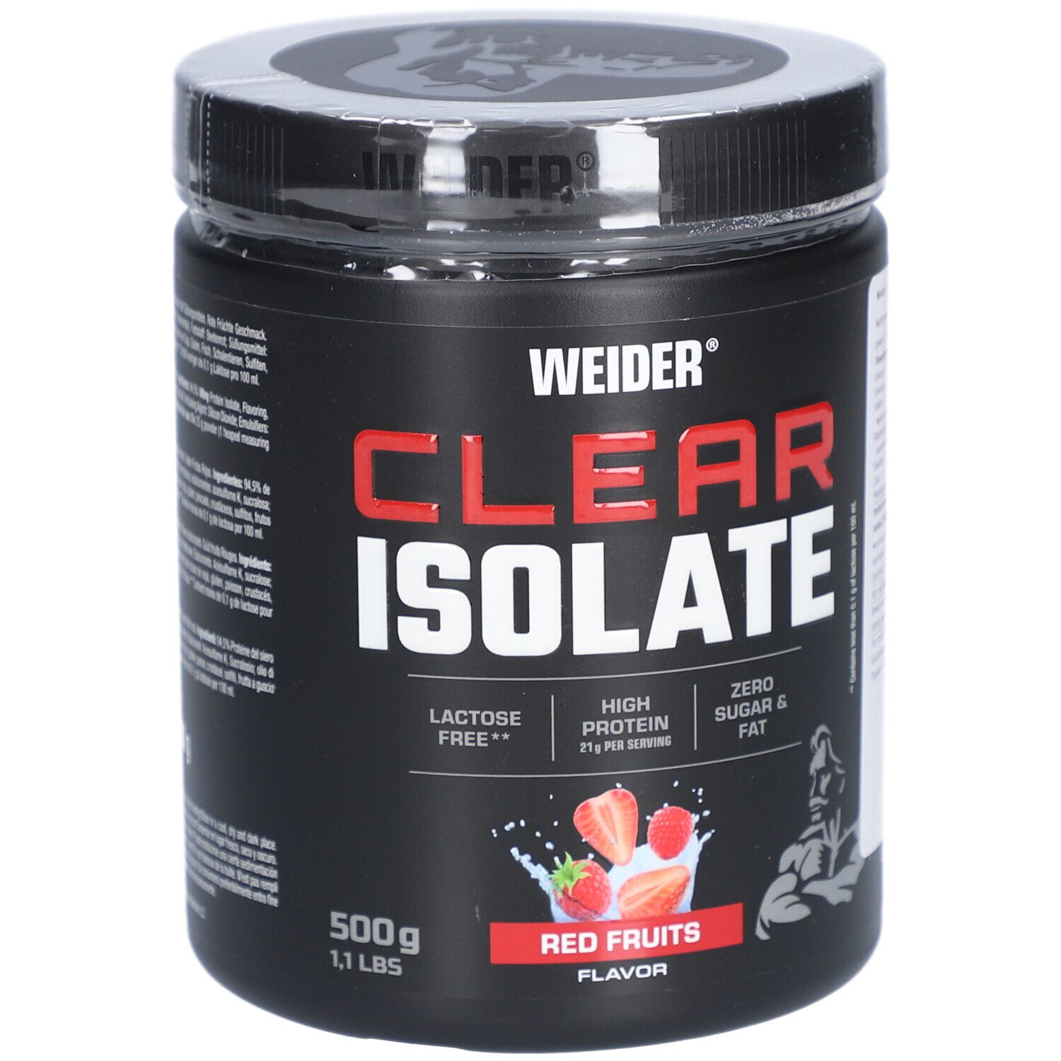 Schwarze Dose mit "WEIDER CLEAR ISOLATE". Rote Früchte Geschmack. 500g. 21g Protein pro Portion. Laktosefrei, zucker- und fettfrei.