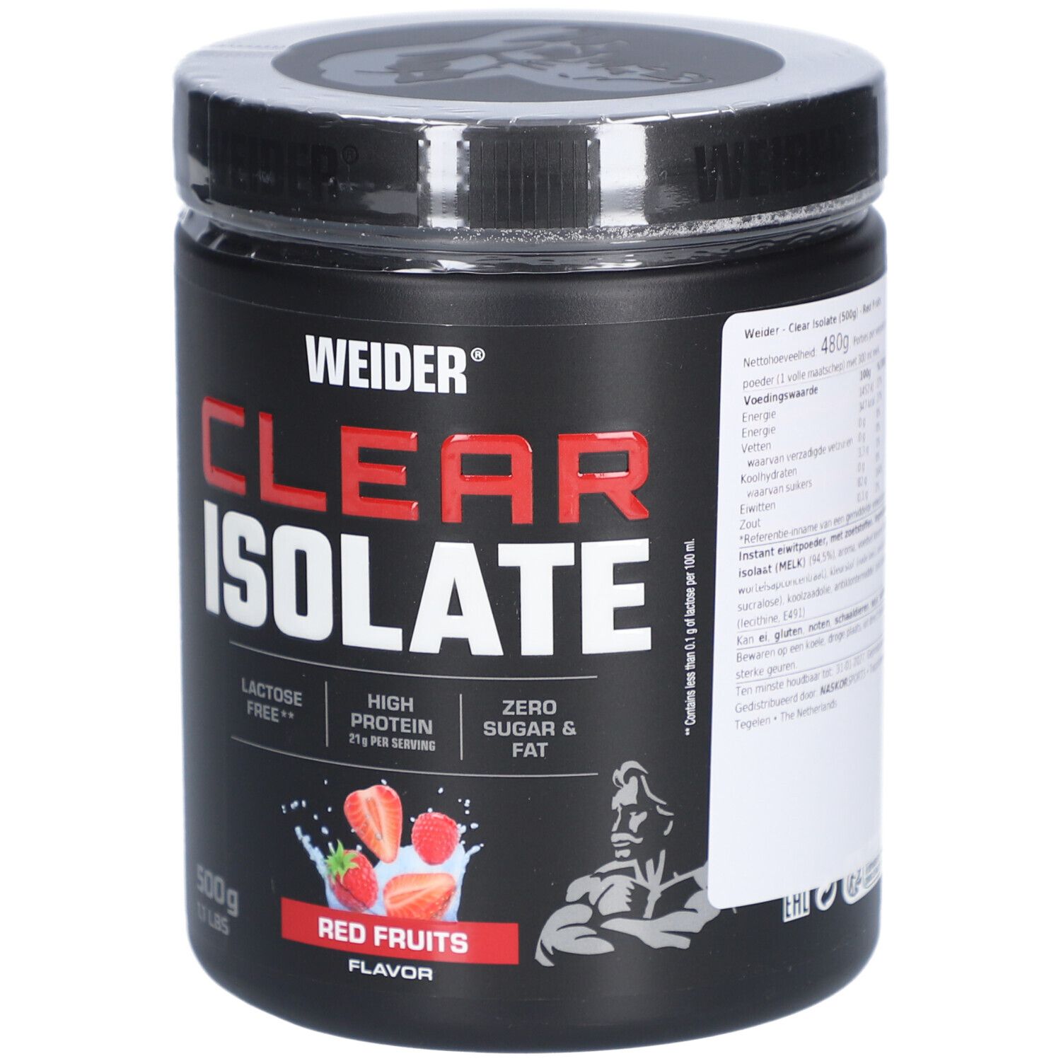 Schwarze Dose mit "WEIDER CLEAR ISOLATE". Rote Früchte Geschmack. 500g. 21g Protein pro Portion. Laktosefrei, zucker- und fettfrei.